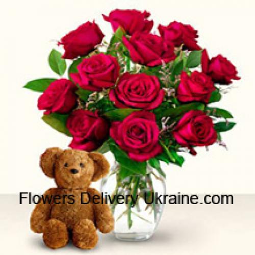 11 Red Roses with Cute 12 Inch Teddy