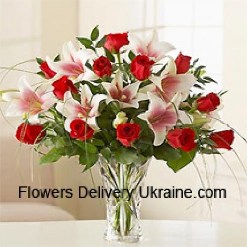 Elegant Roses and Lilies in Vase