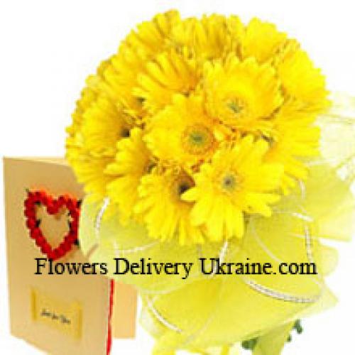 Buchet de gerbera galbenă cu card