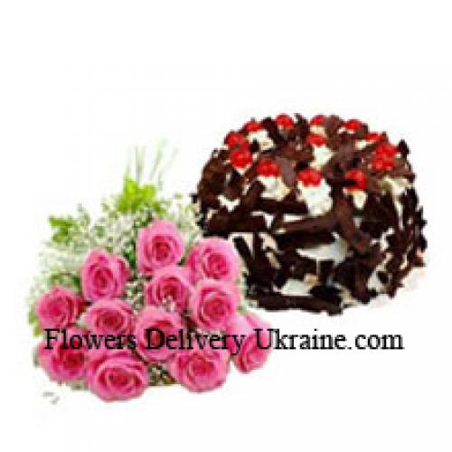 11 Pink Roses with Tasty Chocolate Crisp Cake