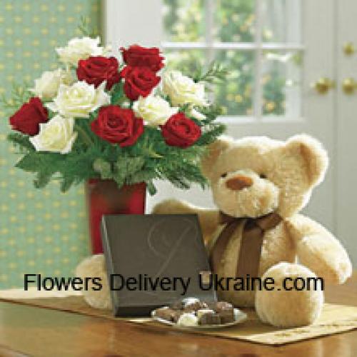 Red and White Roses with Teddy and Chocolates